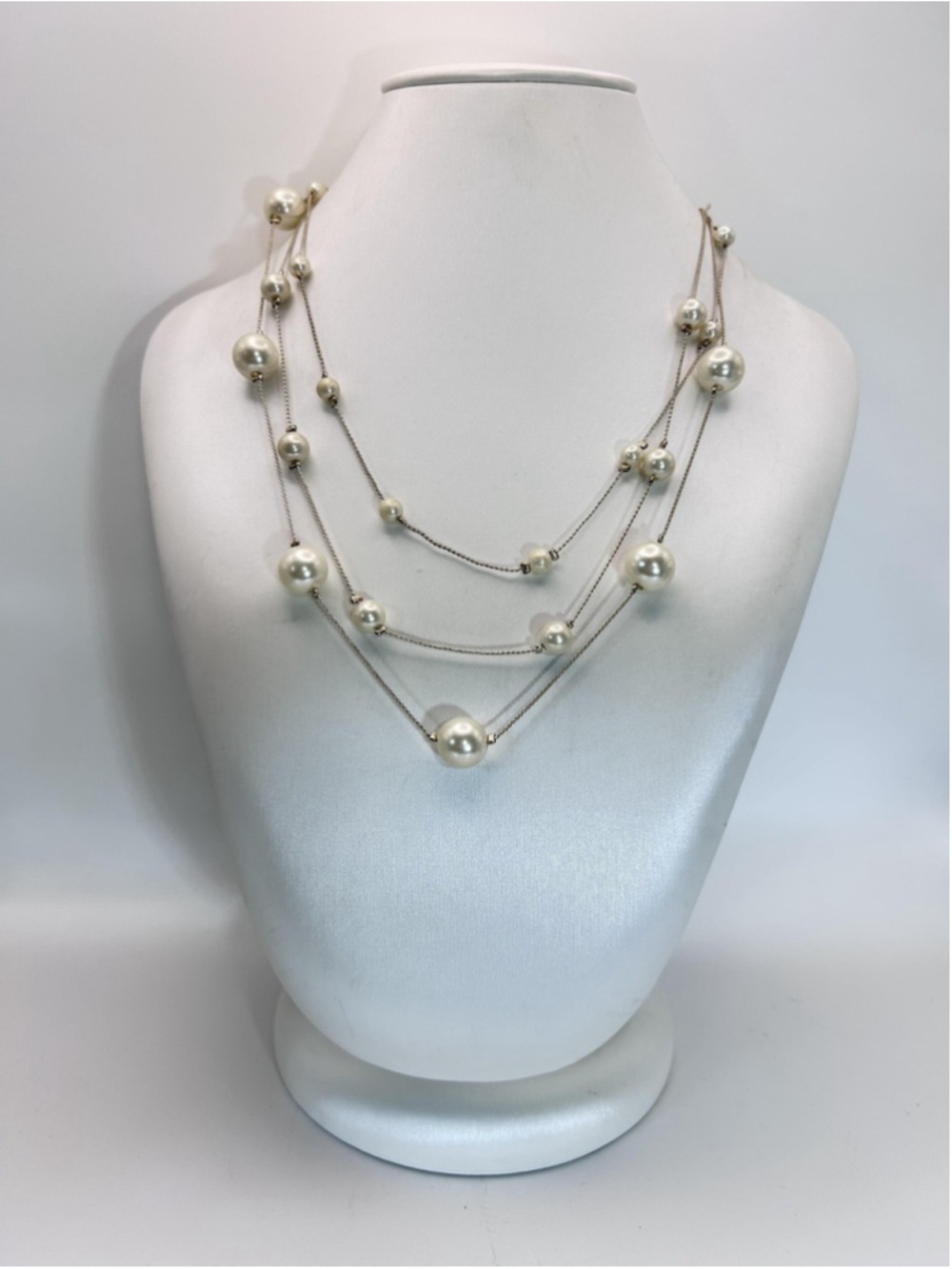 Necklace White Faux Pearl Beaded Station Layered Silver Tone Chain Lobster Clasp